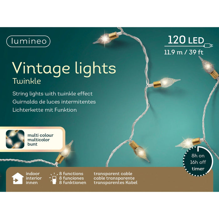LED Vintage Lights 8 Function Twinkle Effect Transparent, Warm White, Light Green, Classic Warm, Pink 120 Lights
