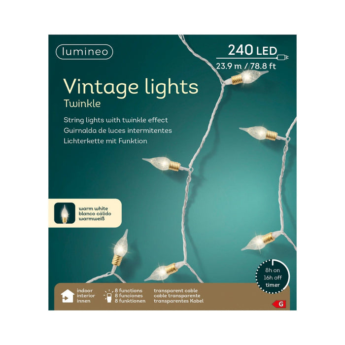 LED Vintage Lights 8 Function Twinkle Effect Transparent, Warm White 240 Lights