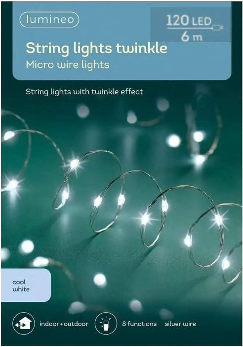 Micro Wire Lights 8 Function Twinkle Effect Silver, Cool White 120 Lights