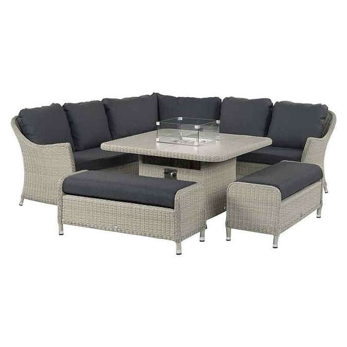 Bramblecrest Monterey Dove Rattan Curved Corner Sofa with Square Firepit table Table & 2 Benches