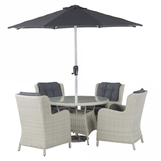 Bramblecrest - Chedworth Rattan 4 Seat Round Dining Set in Dove Grey with Parasol & Base