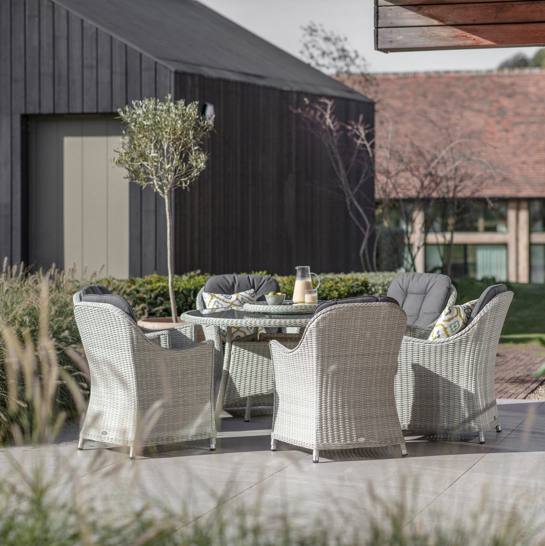 Monterey Dove Grey Rattan 6 Seat Round Dining Set with Lazy Susan, Parasol & Base