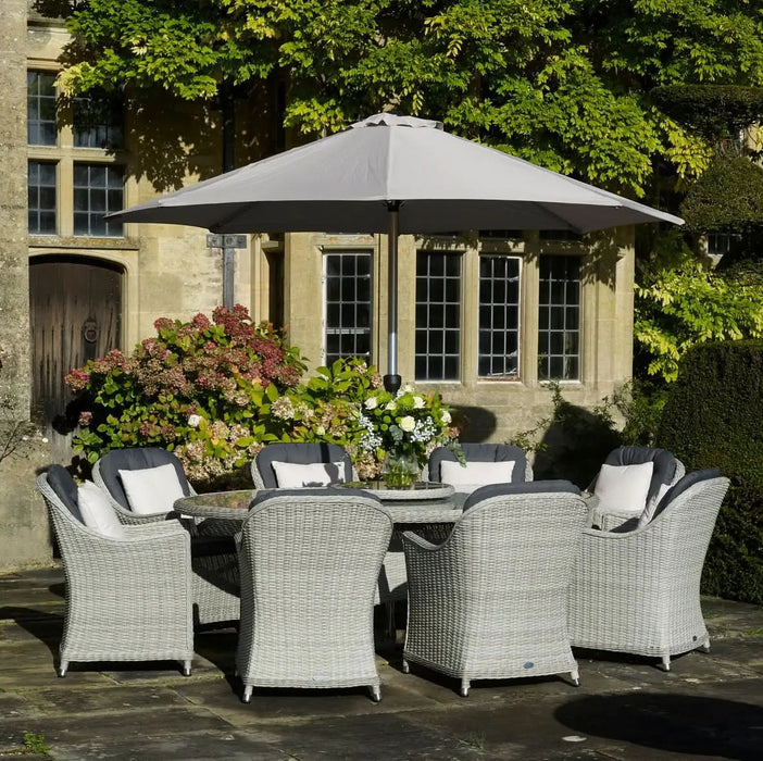 Monterey Dove Grey Rattan 8 Seat Elliptical Dining Set with Parasol & Base