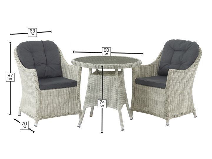 Monterey Dove Grey Rattan Bistro Table Set with 2 Armchairs