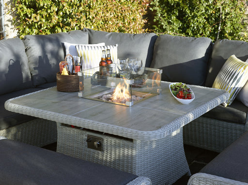 Bramblecrest Monterey Dove Rattan Curved Corner Sofa with Square Firepit table Table & 2 Benches