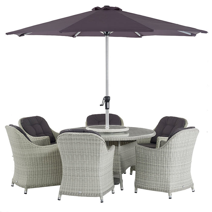 Monterey Dove Grey Rattan 6 Seat Round Dining Set with Lazy Susan, Parasol & Base