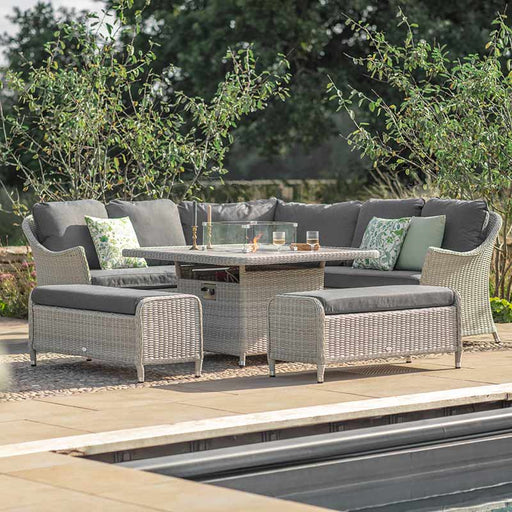 Bramblecrest Monterey Dove Rattan Curved Corner Sofa with Square Firepit table Table & 2 Benches
