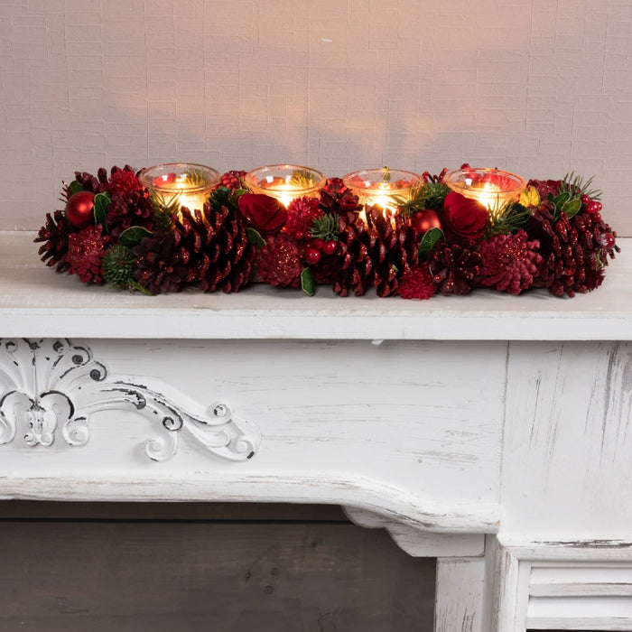 Festive Rectangle Tealight Holder with Cones and Baubles in Red and Green