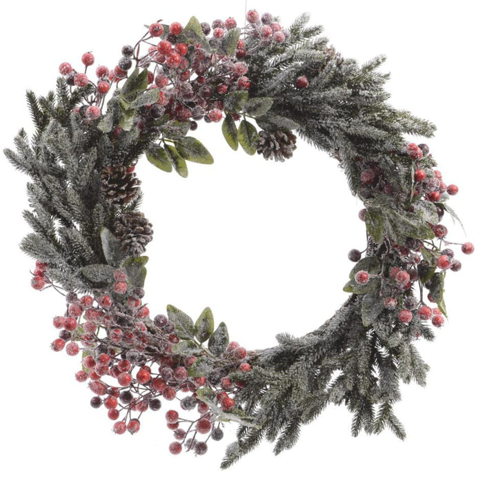 Snowy Frosted Red Berries & Pinecone Wreath 40cm