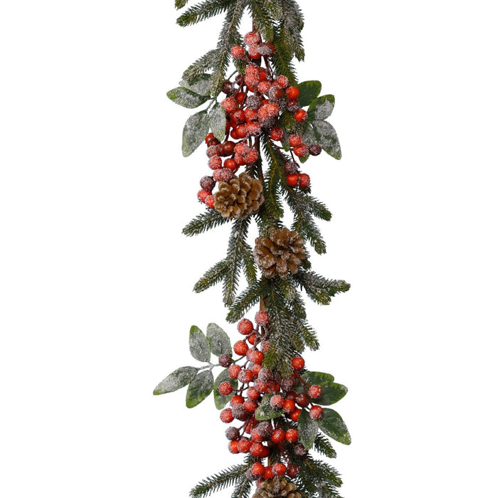 Snowy Frosted Red Berries & Pinecone Garland