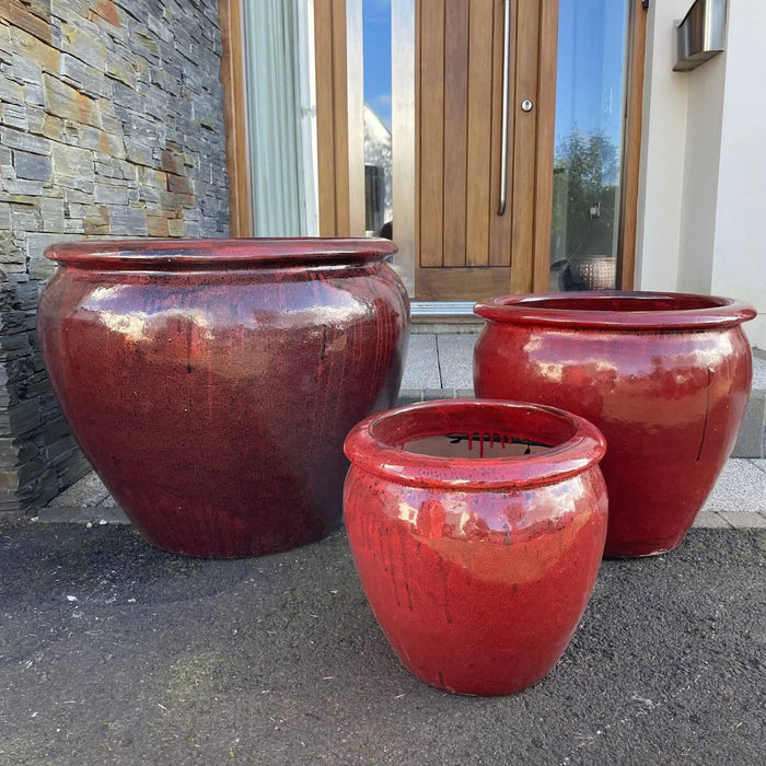 Glazed Ceramic Planters in Deep Cherry Red