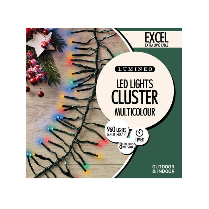Lumineo LED Multicolour Cluster Lights Green Cable 8 Function Twinkle Effect (960 Lights)