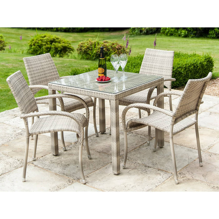 Ocean Pearl 4 Seat Fiji Stacking Armchair Square Patio Dining Table Set